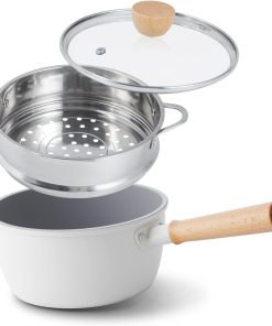 3QT Ceramic Saucepan with Lid, Saucepot with Steamer, Beige White