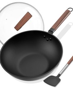 Todlabe 13 Inch Wok with Glass Lid & Silicone Spatula, Naturally Non?Stick