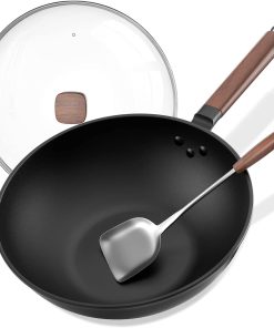 Todlabe Carbon Steel Wok - Including Glass Cover and Steel Spatula, 13-Inch Woks & Stir-Fry Pans for Induction, Electric, Gas Stoves